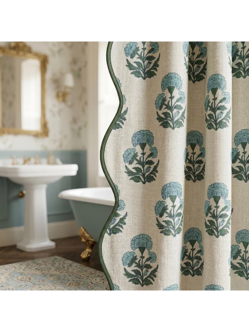 Scalloped Block Print Shower Curtain Set with 12 Hooks - Stylish Bathroom Decor